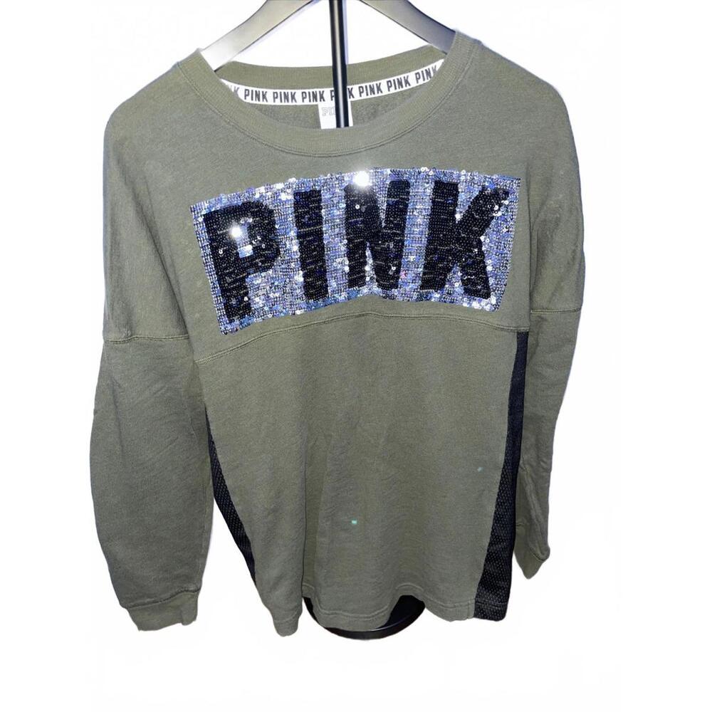 PINK‎ Victoria's Secret Women SIZE SMALL LONG SLEEVE GREEN SEQUIN